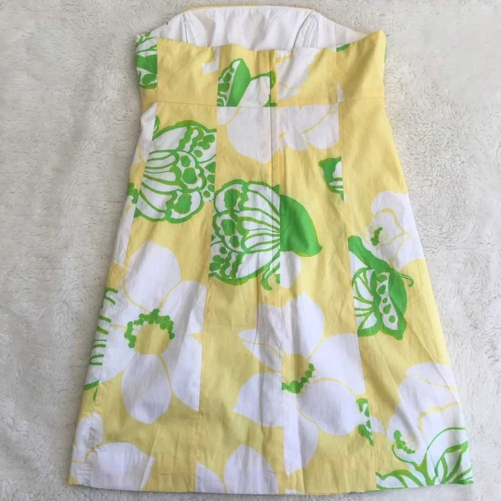 Lilly Pulitzer Yellow Strapless Floral Dress with Green and White Print - Picture 4 of 7